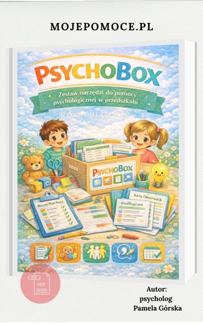 PsychoBox – zestaw narzędzi do pomocy psychologicznej w przedszkolu, okładka materiałów dla psychologów, pedagogów i terapeutów pracujących z dziećmi 3–6 lat